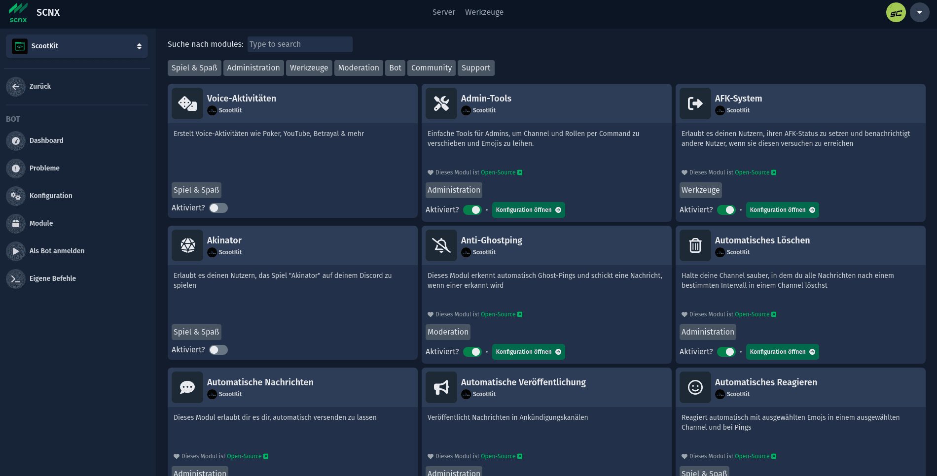 Screenshot showing the modules page of a custom bot in the SCNX Dashboard