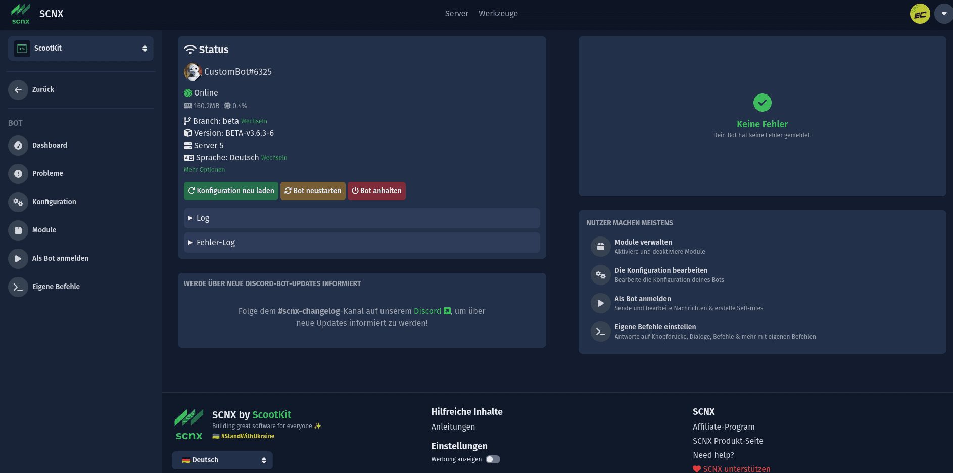 Screenshot showing the bot manage page of a server in the SCNX Dashboard