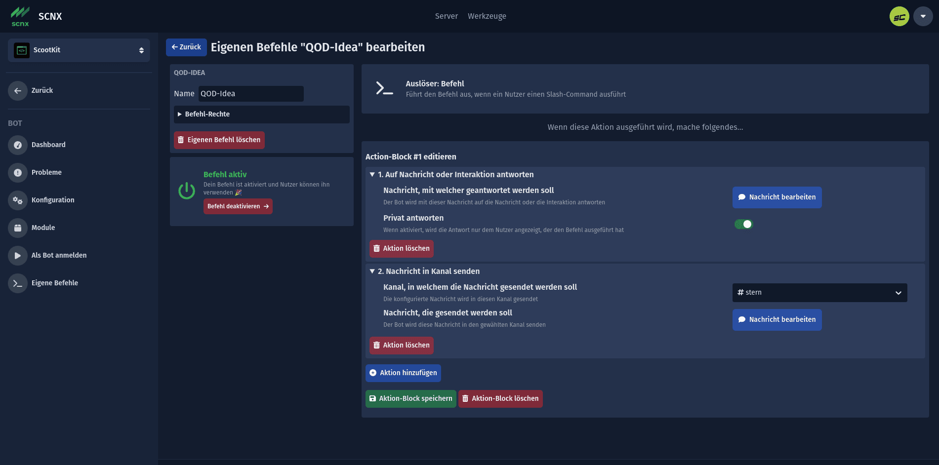 Screenshot showing a Custom-Command in the SCNX Dashboard